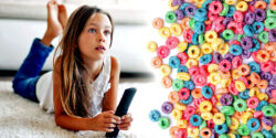 girl watching tv and colorful cereal