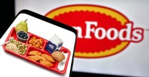 tyson foods logo and school lunch tray with chicken nuggets