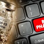covid vaccine bottle and keyboard with words "big pharma"