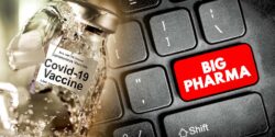 covid vaccine bottle and keyboard with words "big pharma"