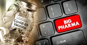 covid vaccine bottle and keyboard with words "big pharma"