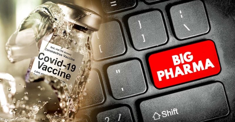 covid vaccine bottle and keyboard with words "big pharma"