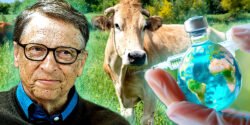 bill gates, a cow, hand holding vaccine with globe