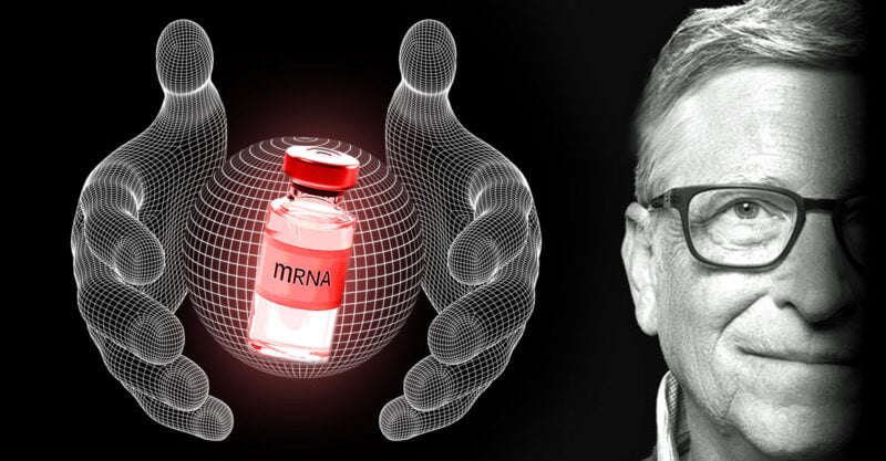bill gates, hands around globe and mrna vaccine on top
