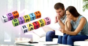 stressed couple and words "low birth rates"