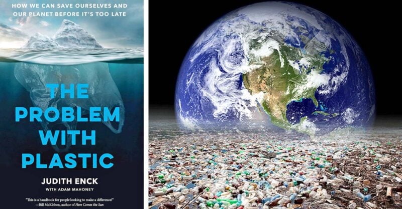 book cover and globe with plastic pollution around it