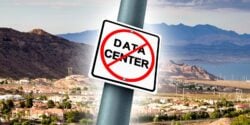 Boulder City, Nevada and sign that with dash across "data center"