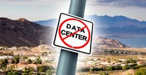 Boulder City, Nevada and sign that with dash across "data center"