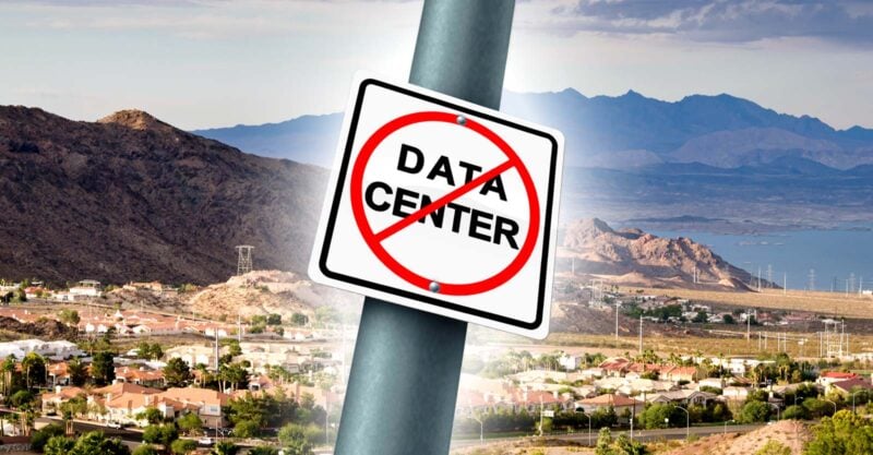 Boulder City, Nevada and sign that with dash across "data center"