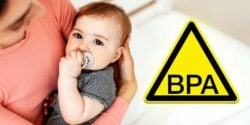 baby with pacifier in mouth and letters "bpa"