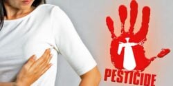 woman checking for lump and pesticide sign