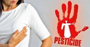 woman checking for lump and pesticide sign