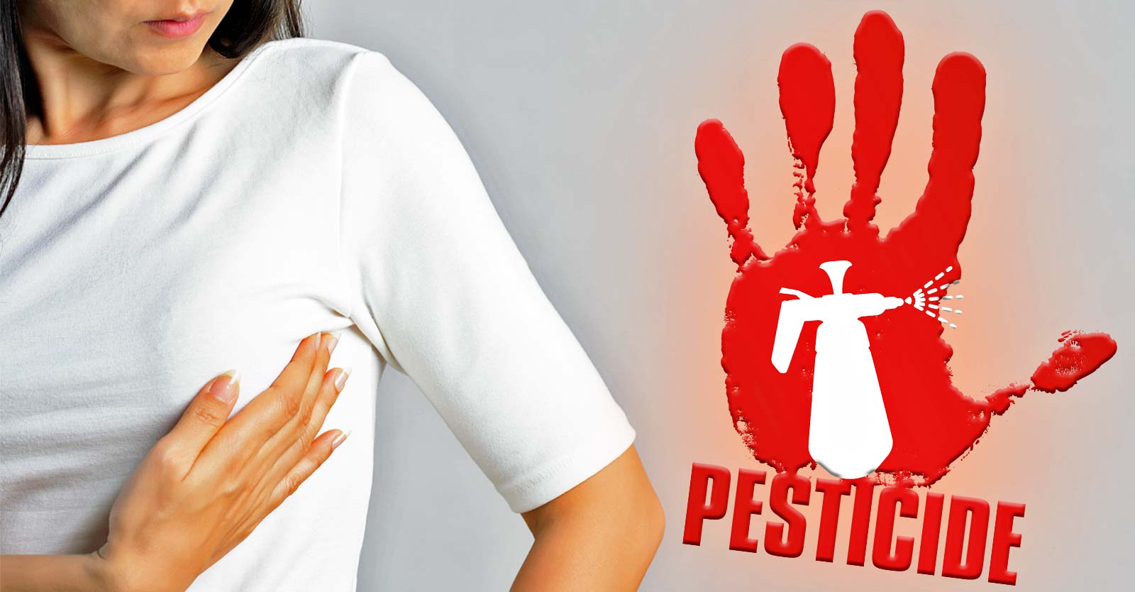 woman checking for lump and pesticide sign