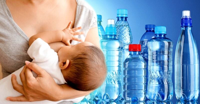 plastic water bottles and mom breastfeeding baby