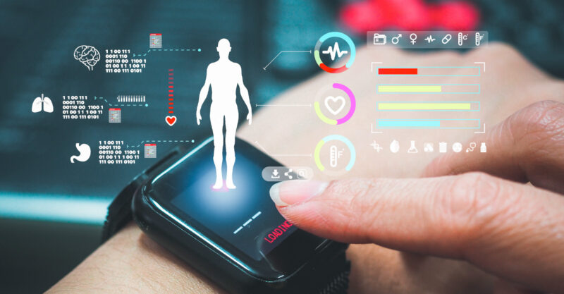 Woman using smart watch during training. Heart monitor beats with wristwatch. Smart watch or future data on healthcare.