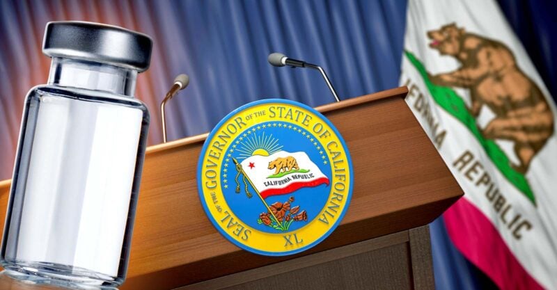 california flag and vaccine bottle