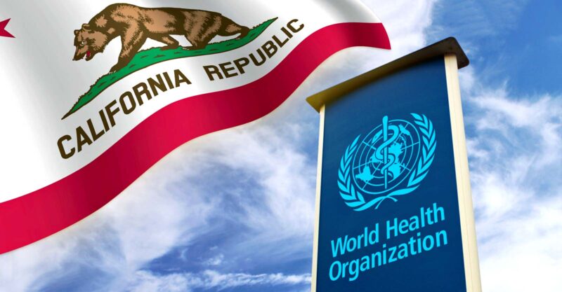 california flag and world health organization sign