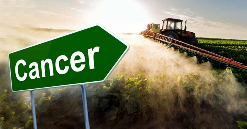 pesticide tractor spraying field and word "Cancer"