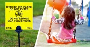 pesticide application lawn sign and young girl on swing at playground