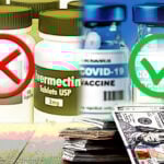 ivermectin bottle, covid shot bottle, money on table