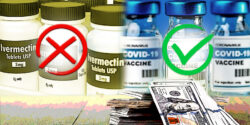 ivermectin bottle, covid shot bottle, money on table