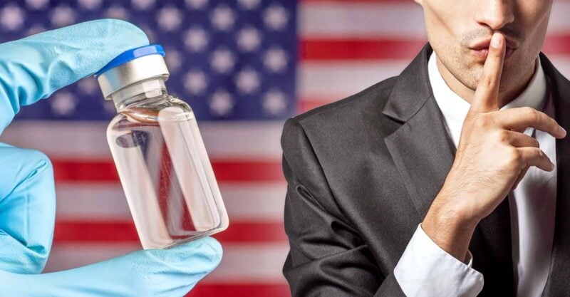 vaccine bottle and person giving the quiet sign