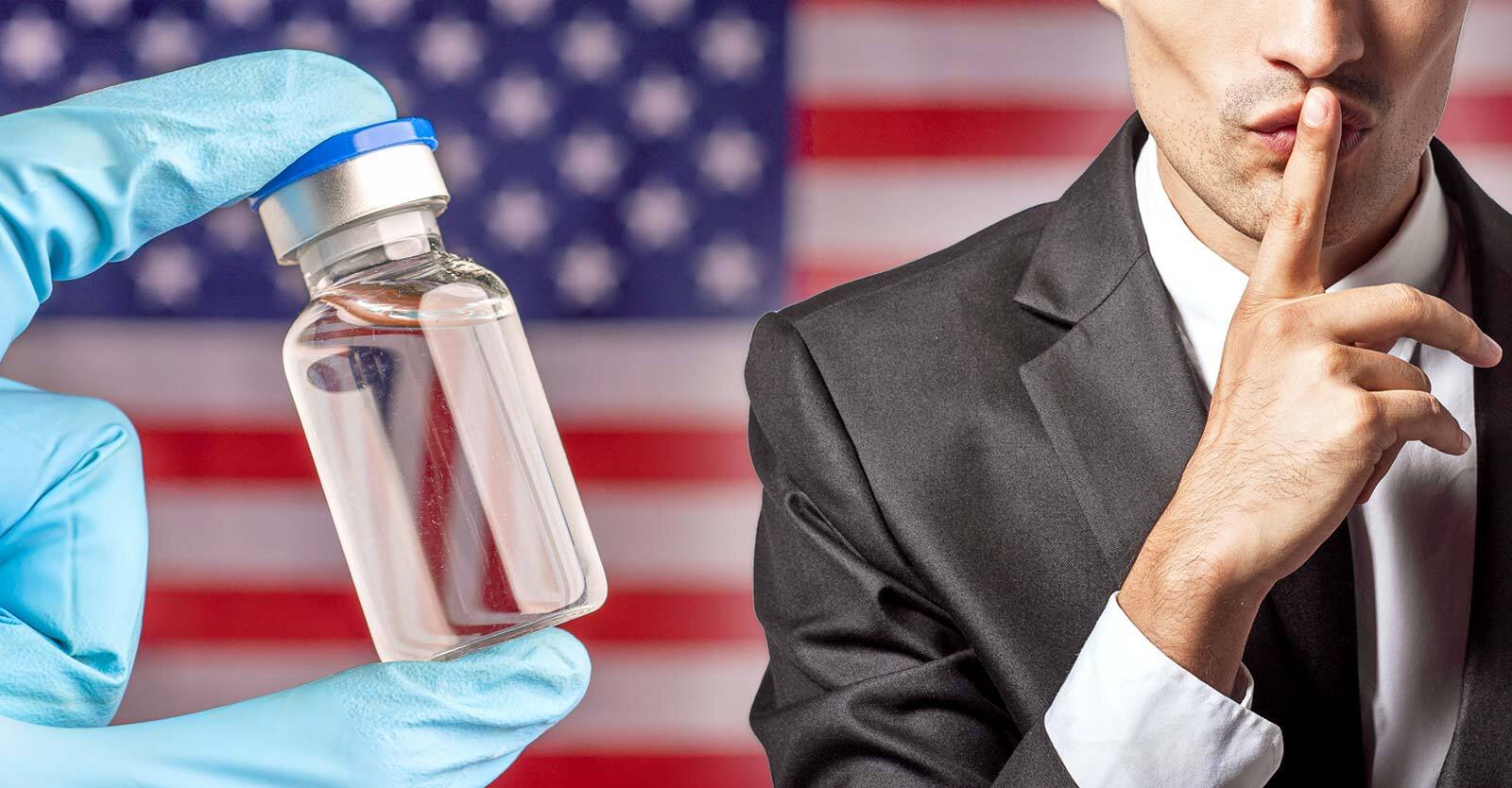 vaccine bottle and person giving the quiet sign