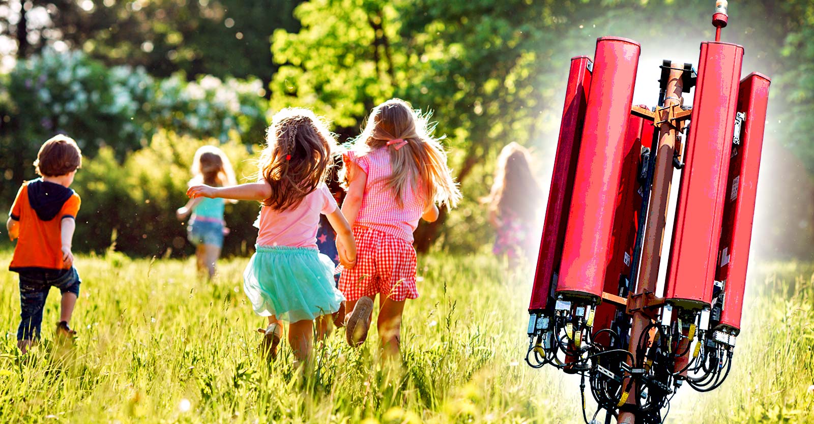 kids playing and cell tower