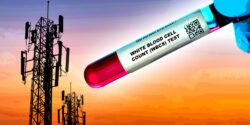cell tower and lab test tube with words "white blood cell count test"