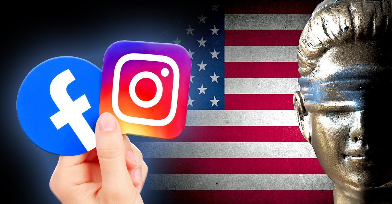 american flag, facebook and instagram logos