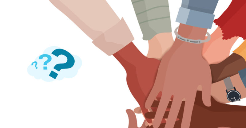 Community Forum - Hands Together with Question Marks in Cloud
