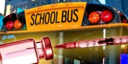 school bus and vaccine bottle