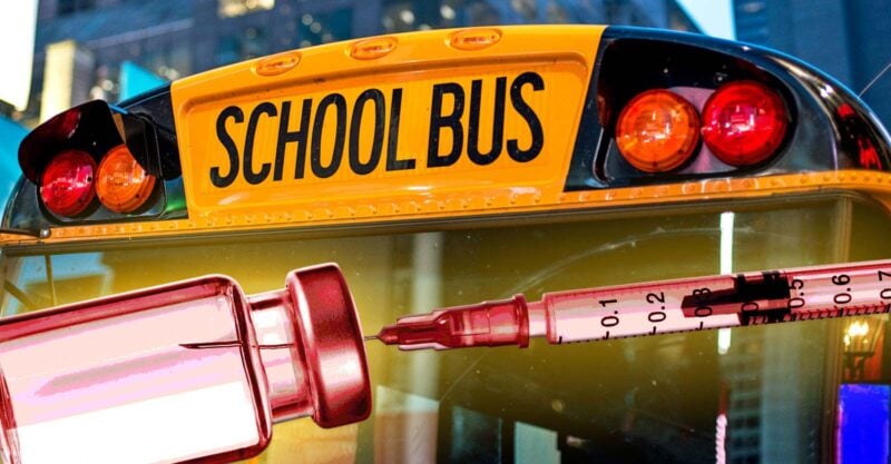 school bus and vaccine bottle