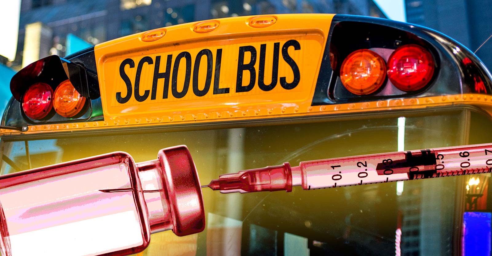 school bus and vaccine bottle