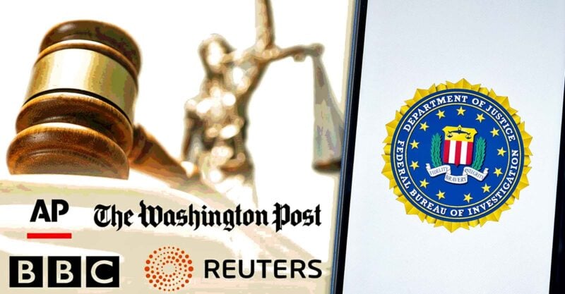 gavel with MSM logos on the left and DOJ emblem on the right