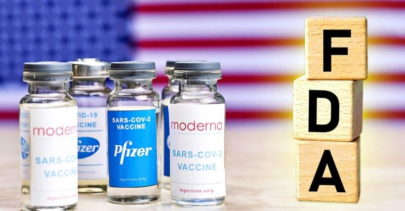 moderna and pfizer vaccine bottles and letters "FDA"