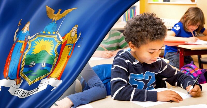 students in classroom and NY state flag