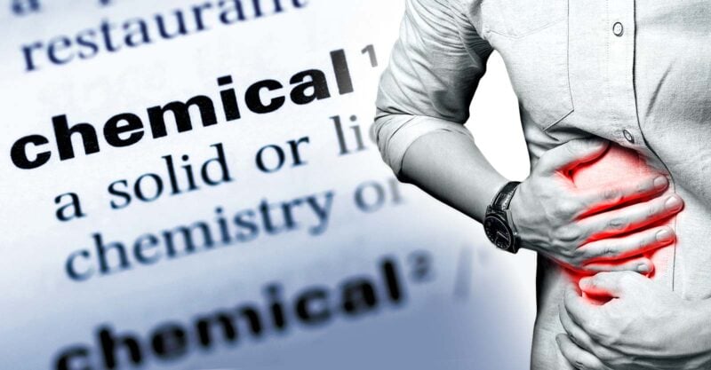 man holding stomach in pain and word "chemical"