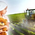 child cancer patient and tractor spraying pesticides