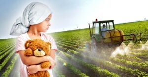 child cancer patient and tractor spraying pesticides