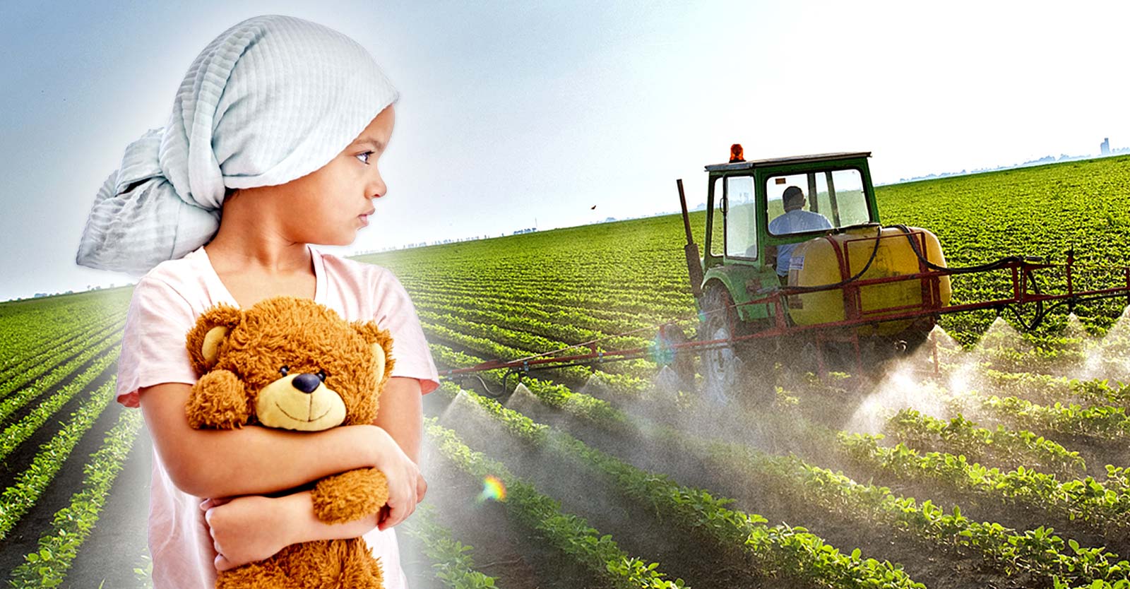 child cancer patient and tractor spraying pesticides
