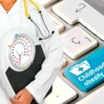 words "childhood obesity" and doctor with scale