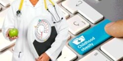 words "childhood obesity" and doctor with scale