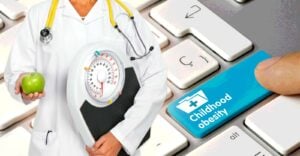 words "childhood obesity" and doctor with scale