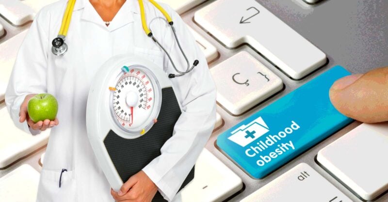 words "childhood obesity" and doctor with scale