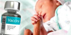 baby holding parent finger and vaccine bottle on top