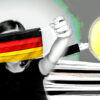 girl holding up face mask with Germany flag on it, and stack of documents with magnifying glass and covid vaccine inside