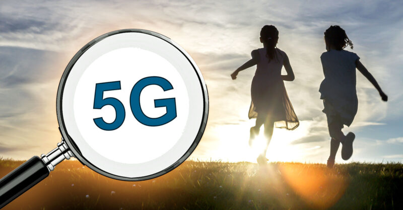 kids and magnifying glass with "5g" inside