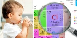 toddler drinking water and word "chlorine"