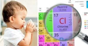 toddler drinking water and word "chlorine"